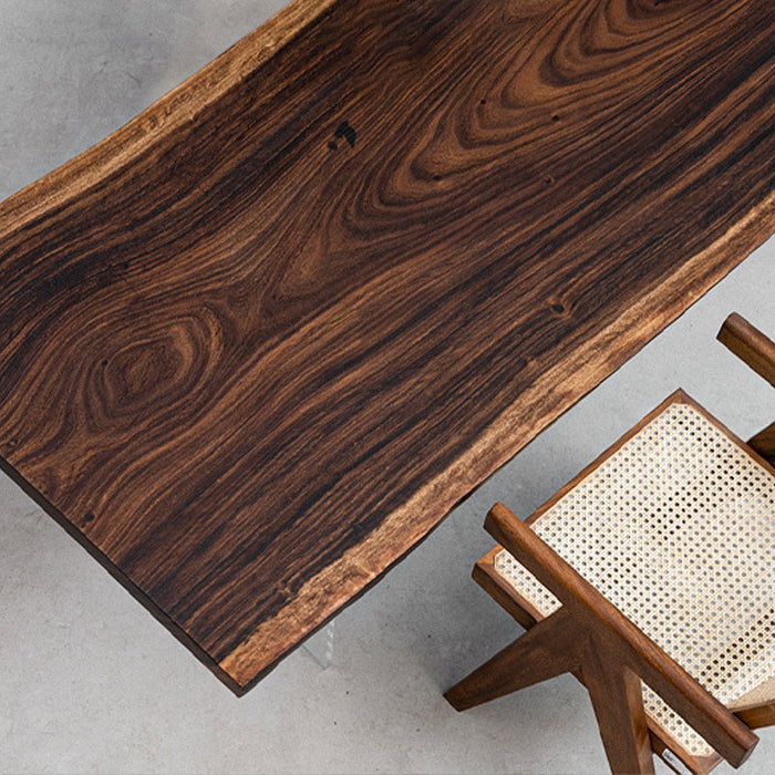 Solid wood table with natural edge, crafted from a rare South American rain tree over 100 years old.