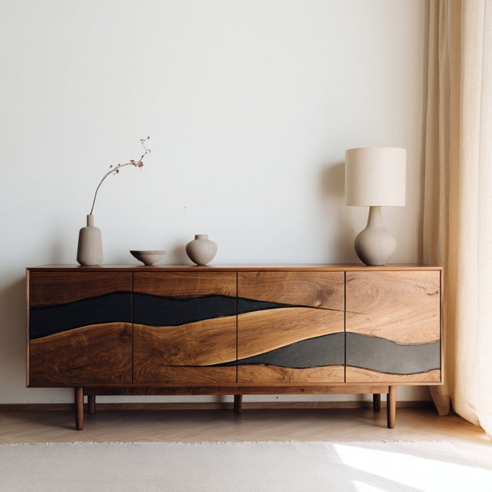 Wooden sideboard with wavy design in a room with a lamp and decorative items.