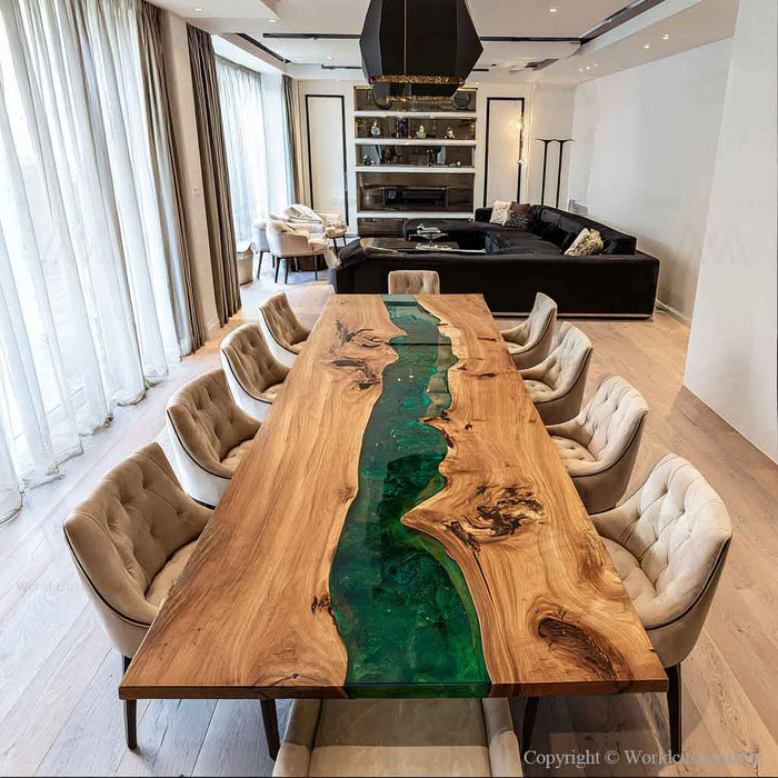 Close-up of live-edge walnut wood grain and glossy green epoxy river on a handcrafted dining table.