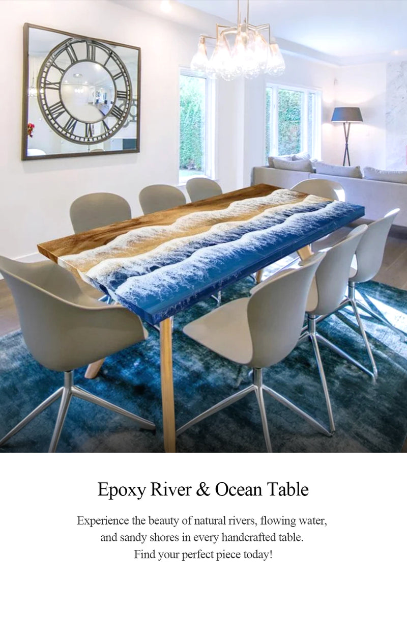 An epoxy river table inspired by flowing streams and sandy banks, handcrafted to bring a natural landscape into your home.