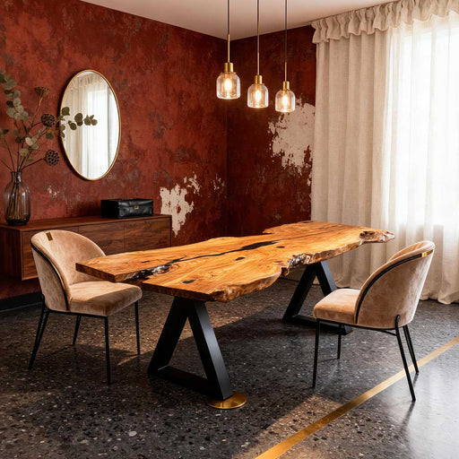 Dining room with a wooden table and chairs against a textured red wall.
