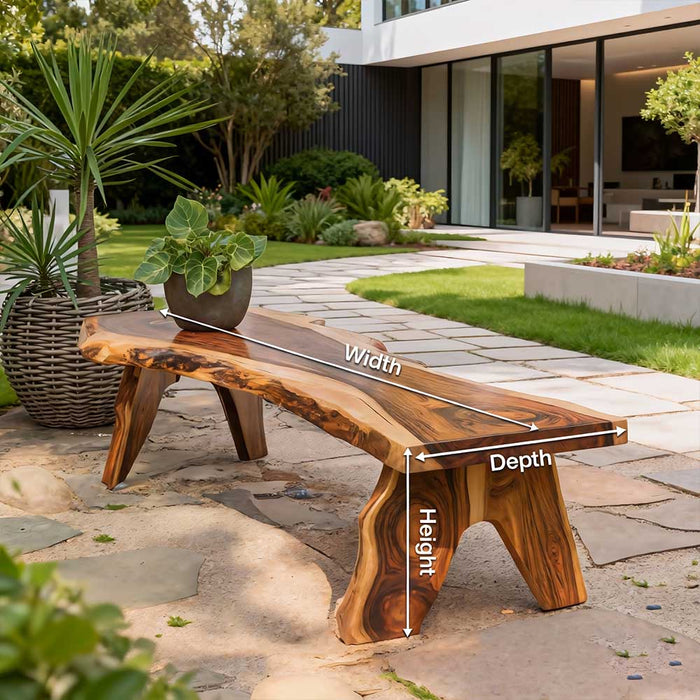 Natural rustic walnut bench on patio or terrace