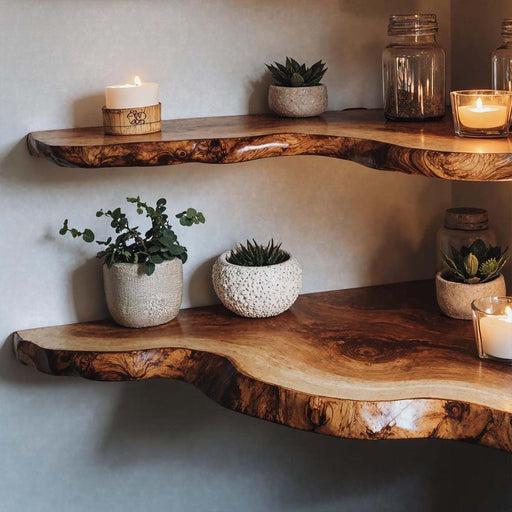 Wooden shelves with plants and candles against a plain wall