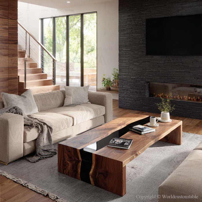 Natural walnut and black resin epoxy coffee table in lounge area