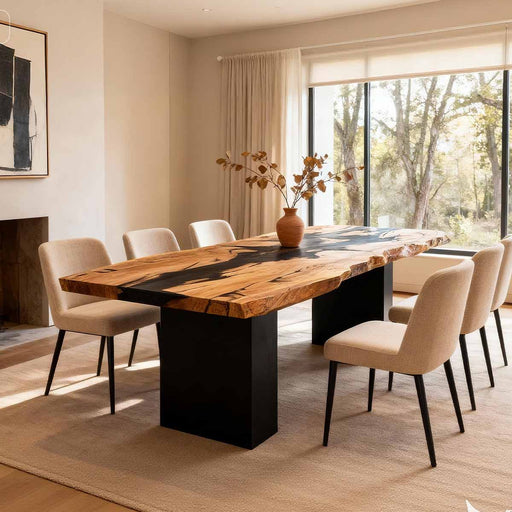Dining room with a large wooden table and chairs in a well-lit room.