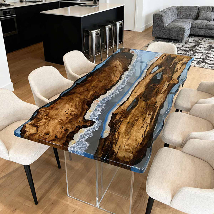 Dining table with natural wood design in a modern living room setting