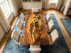 Nature-inspired live edge Walnut dining table with flowing green epoxy river, bohemian home decor art piece