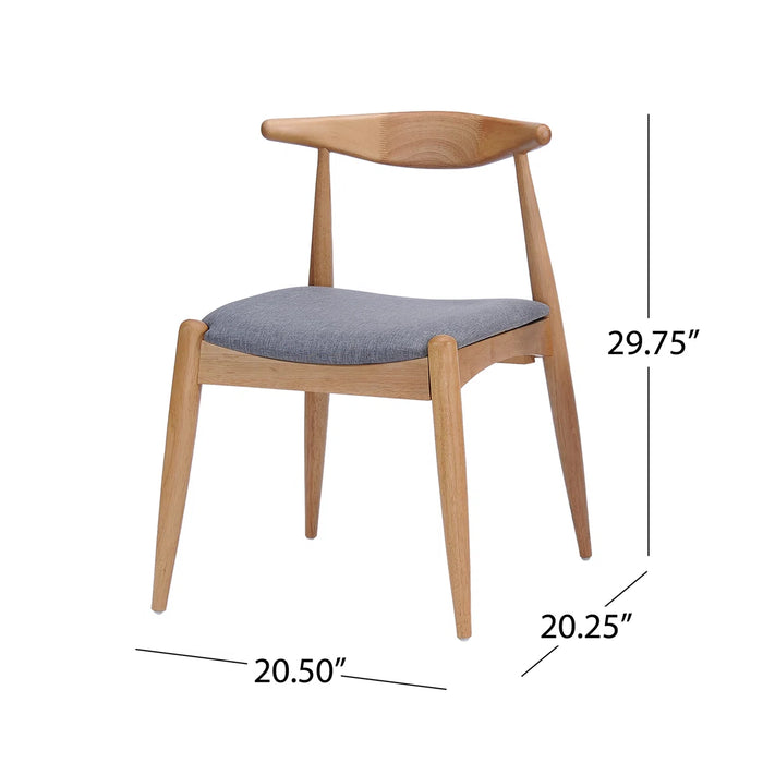 Wooden chair with gray cushion and dimensions labeled on a white background