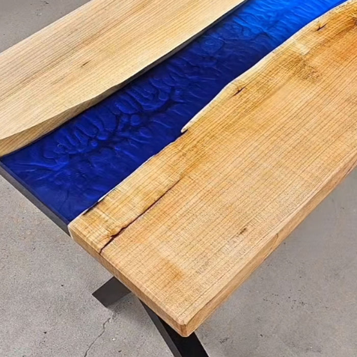 Solid Oak Wood Table with Deep Blue Epoxy Resin River