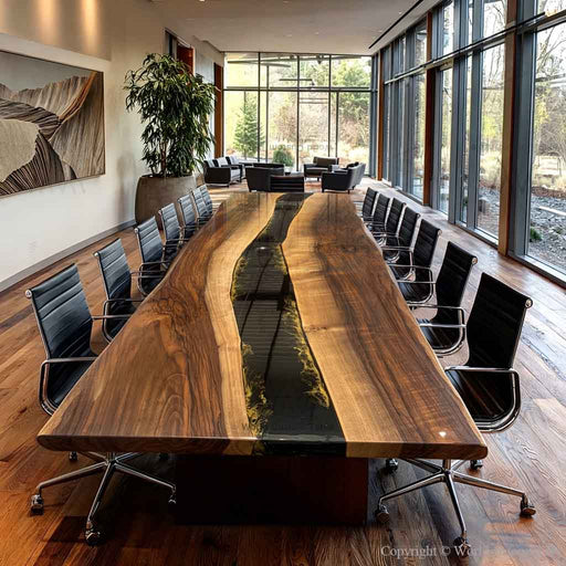 Luxury meeting table featuring obsidian black resin and gold accents in executive office