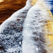 Close-up of ocean waves crashing onto a sandy shore with foam.