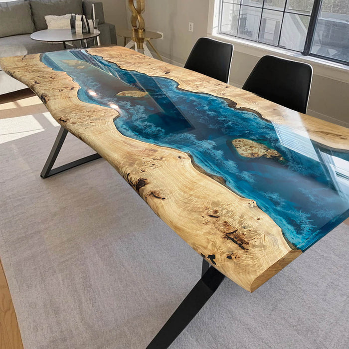 Ocean-inspired epoxy resin meeting table with natural live edge