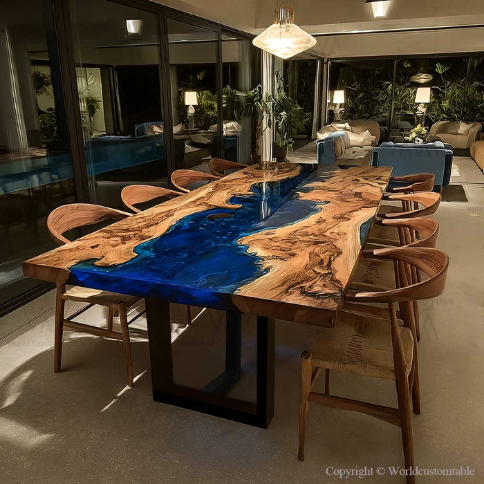 Modern coastal style olive wood epoxy dinning table
