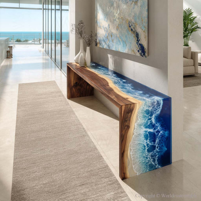 Ocean resin epoxy waterfall table in modern coastal home