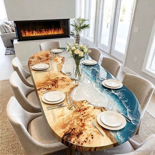 Closeup of ocean-inspired epoxy resin detail on poplar wood dining table