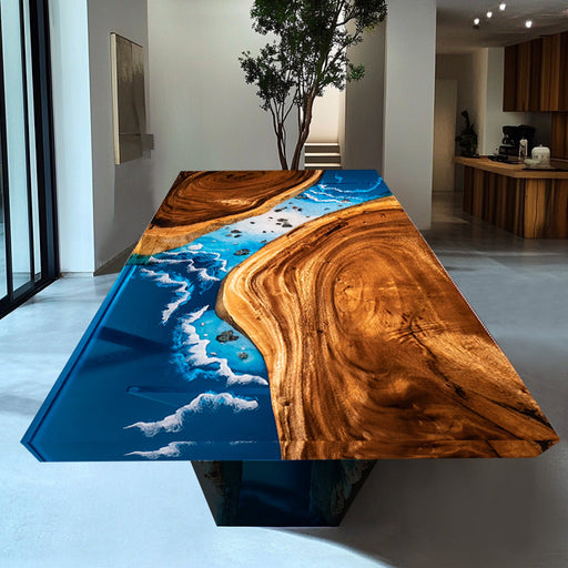 Handmade ocean resin river table with live edge wood and blue epoxy