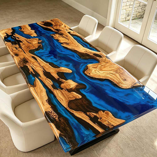 Ocean style dining table made of solid olive wood with flowing blue epoxy river pattern, high-gloss scratch-resistant finish