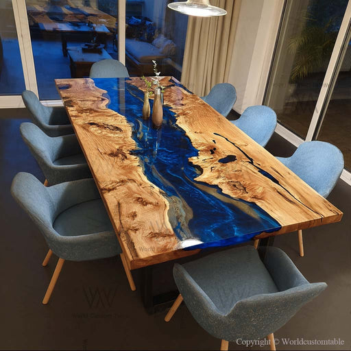 Custom olive wood epoxy dinning table in dining room