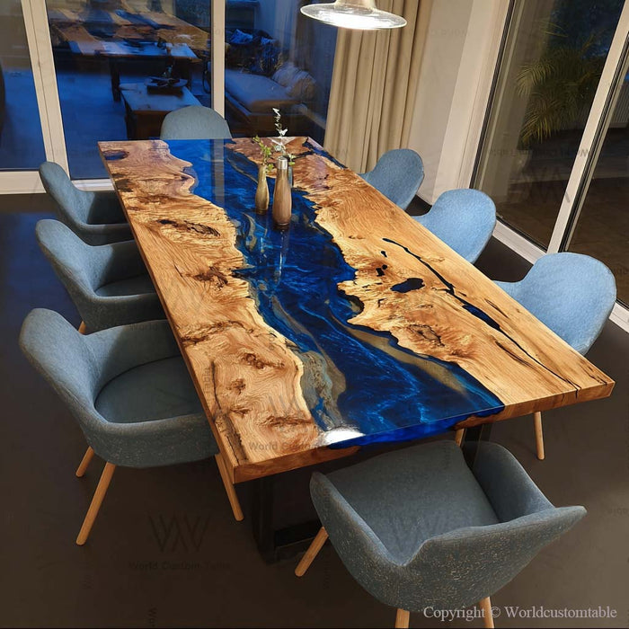 Custom olive wood epoxy dinning table in dining room