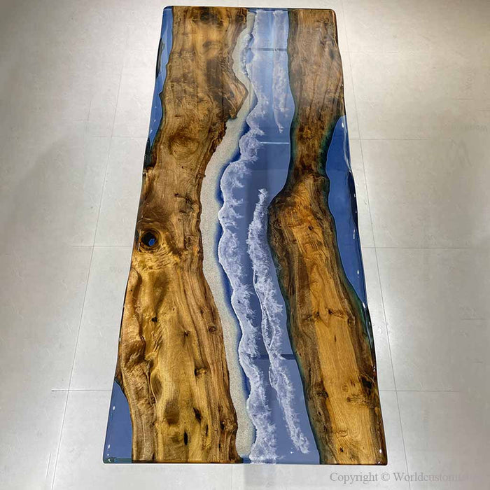 Ocean tide inspired resin dining table in upscale USA luxury home