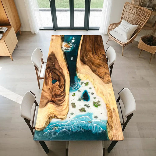 Artistic walnut river table with ocean resin details in a boutique retreat setting