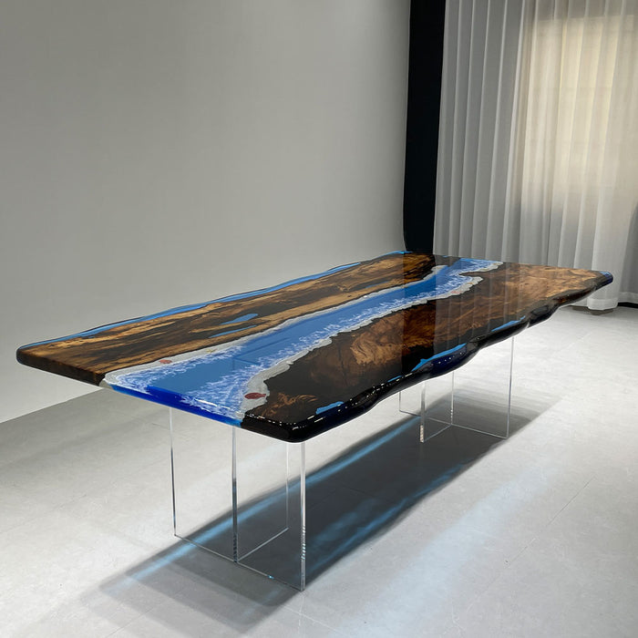 Ocean-wave blue epoxy table crafted from premium golden camphor wood.