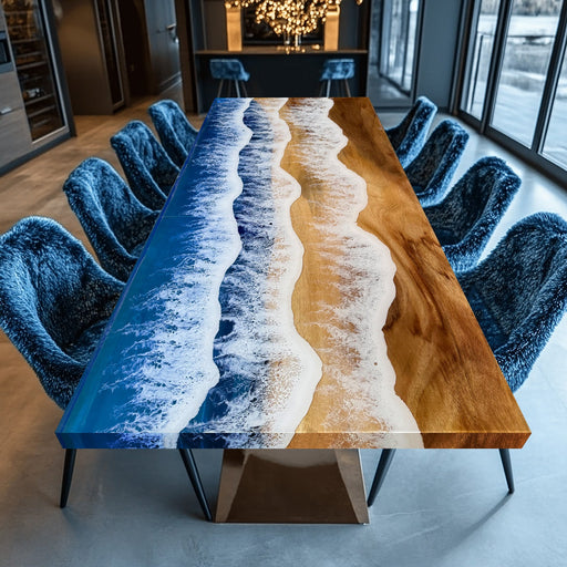 Custom ocean wave epoxy dining table with resin and natural wood, perfect for modern interiors.