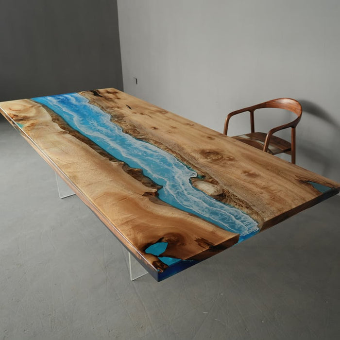 Ocean wave epoxy dining table with natural golden camphor wood grain