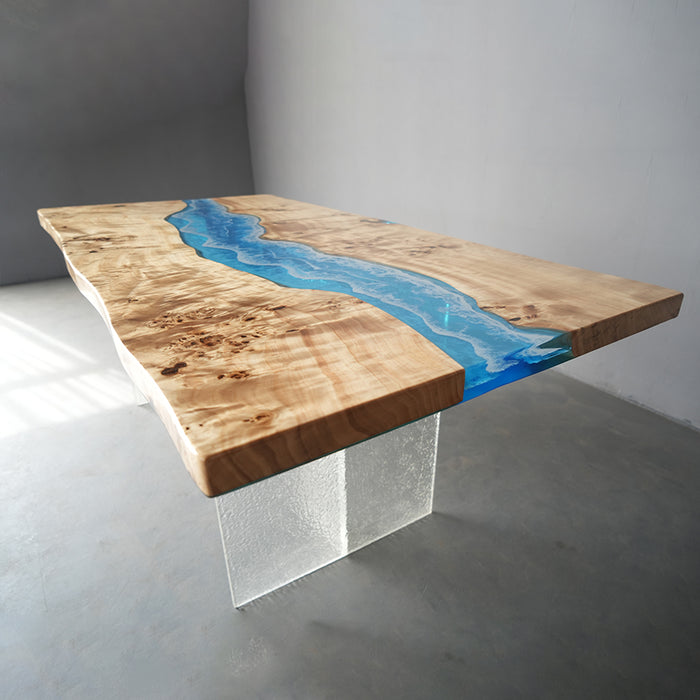 Modern handcrafted resin dining table with ocean wave design, seats 6-8, limited stock.