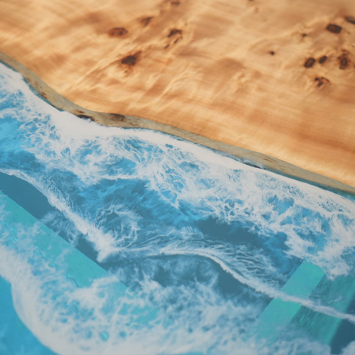 Wooden surface with blue resin and white foam effect