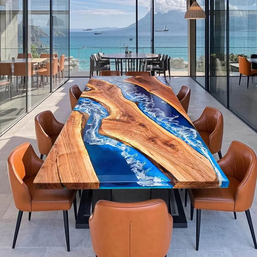 Handcrafted walnut dining table featuring deep blue epoxy waves and a realistic ocean-inspired design