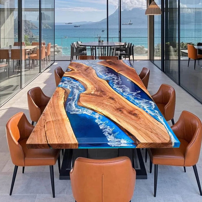 Handcrafted walnut dining table featuring deep blue epoxy waves and a realistic ocean-inspired design