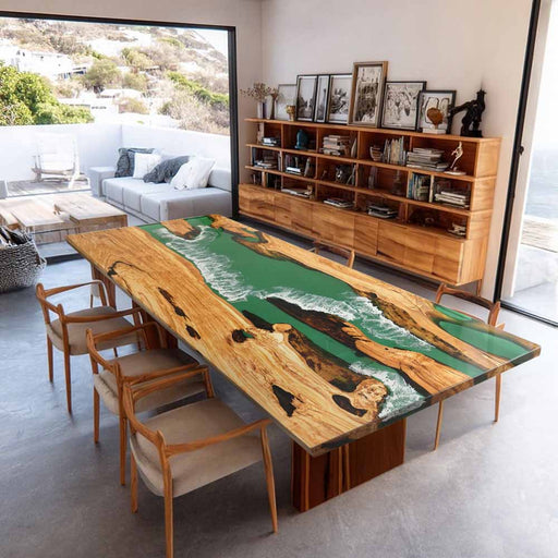 Front view of a 40×84 Olive semi-transparent blue wave epoxy resin dining table, ready to seat 10 people.
