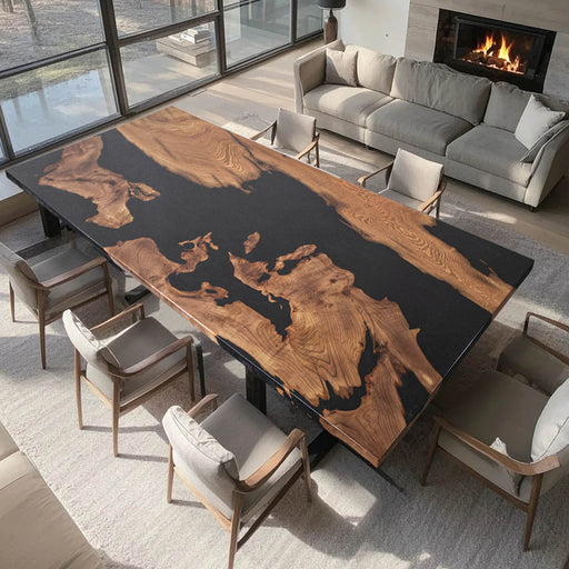 Dining table with a unique wood design in a modern living room.