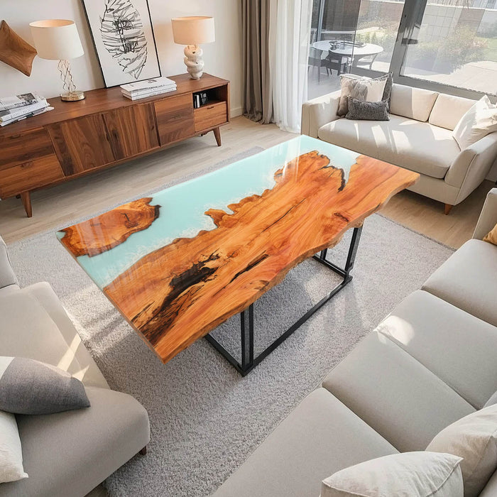 Live edge olive wood dining table with aqua blue epoxy finish
