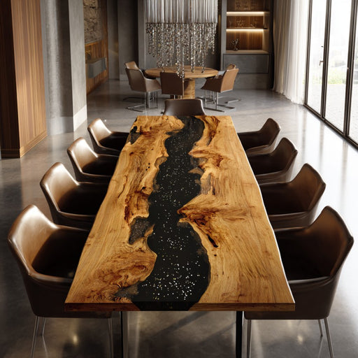 Long wooden dining table with black resin inlay surrounded by chairs in a modern interior setting.