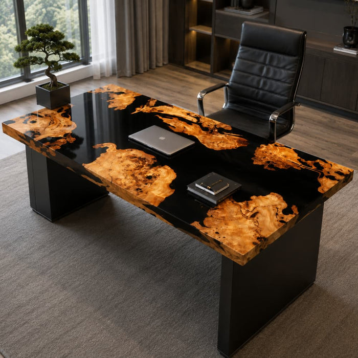 Olive wood dining table featuring deep black epoxy resin