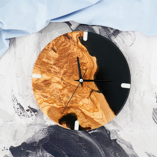 Modern olive wood and black resin wall clock for home décor