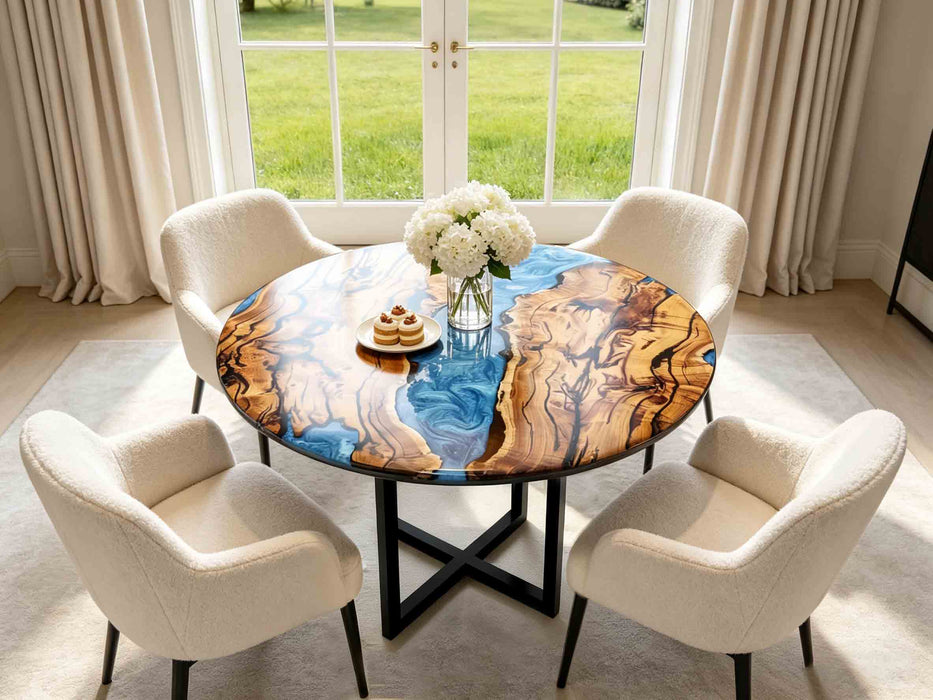 Round olive wood coffee table with blue epoxy resin river design and black metal legs, living room setting