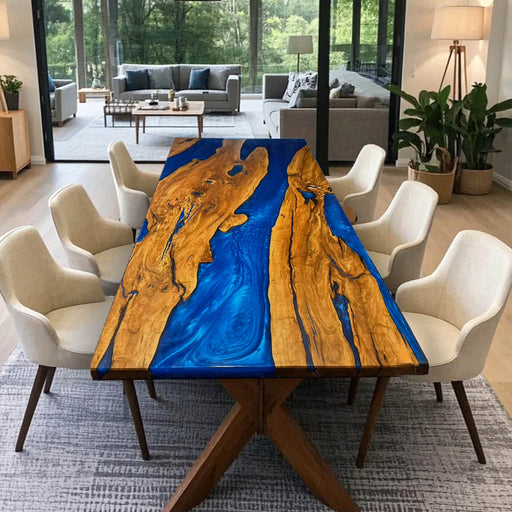 Custom olive wood blue epoxy dining table in modern dining room