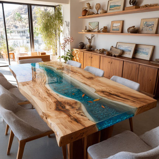 Dining room with a unique wooden table featuring an embedded blue river design.