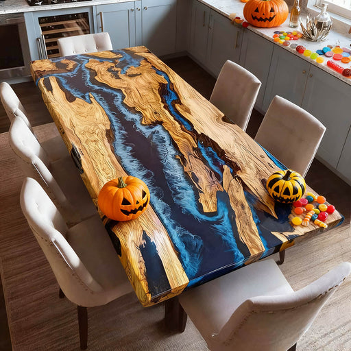 Celebrate Halloween around this stunning olive wood blue resin dining table, where natural elegance meets spooky charm.