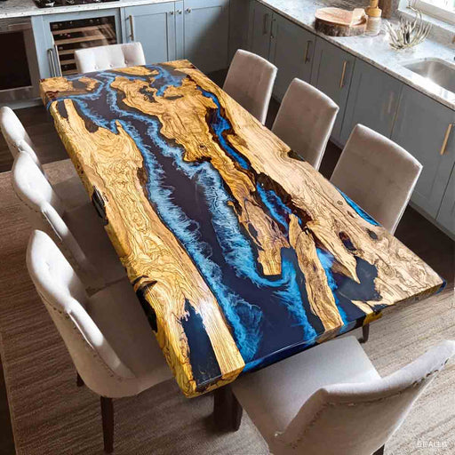 Stunning olive wood dining table with blue epoxy resin river design