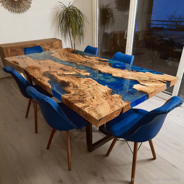 Olive wood blue resin epoxy dinning table centerpiece