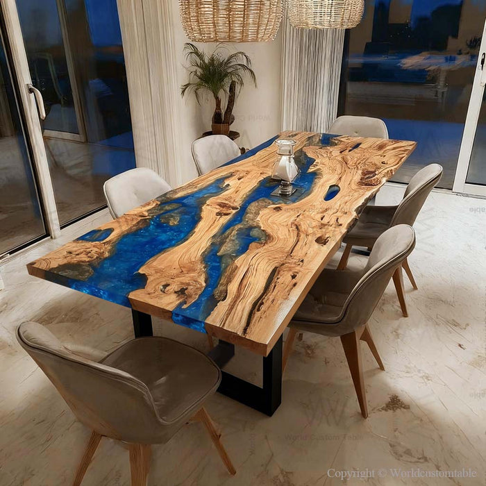 Olive wood blue resin epoxy dinning table in dining room