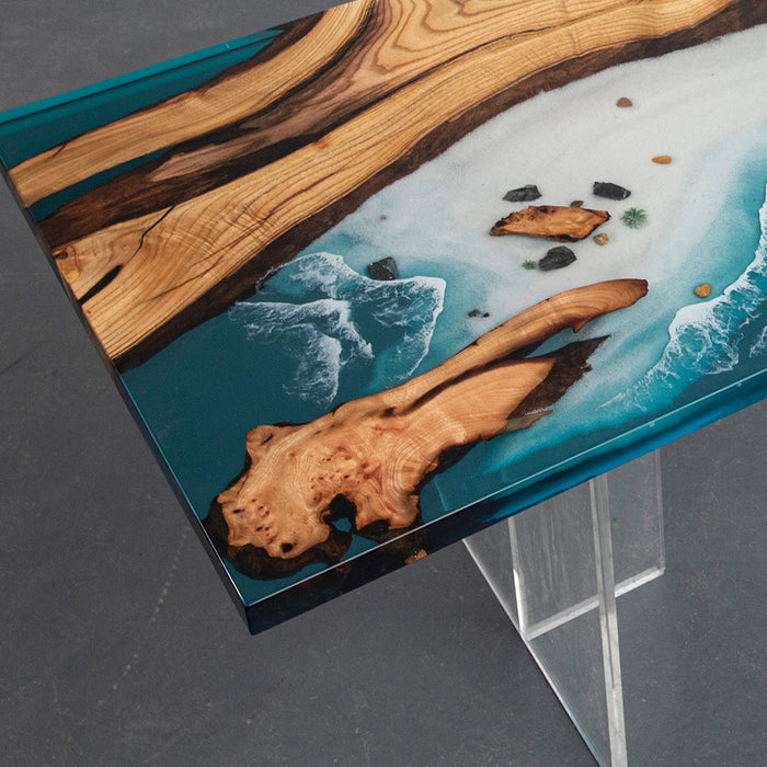 Artistic epoxy resin olive wood table for office or dining