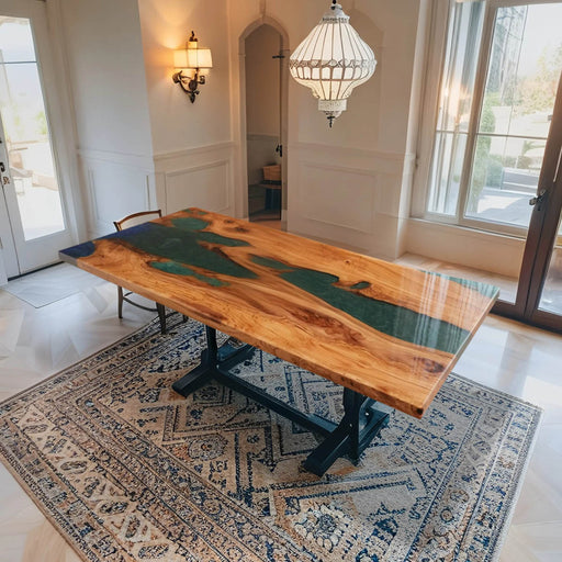 Olive wood epoxy dining table with green resin river, 6–8 seater