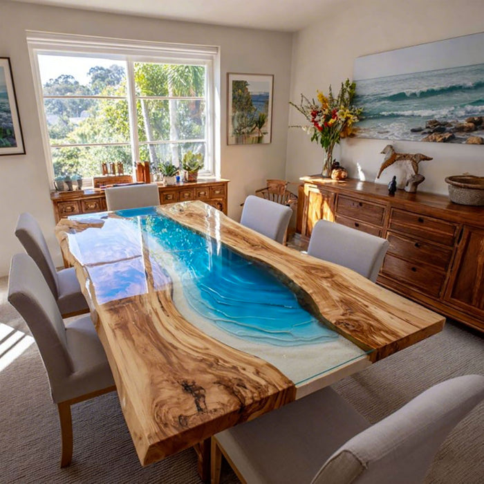 Dining room with a unique wooden table featuring an epoxy resin design.
