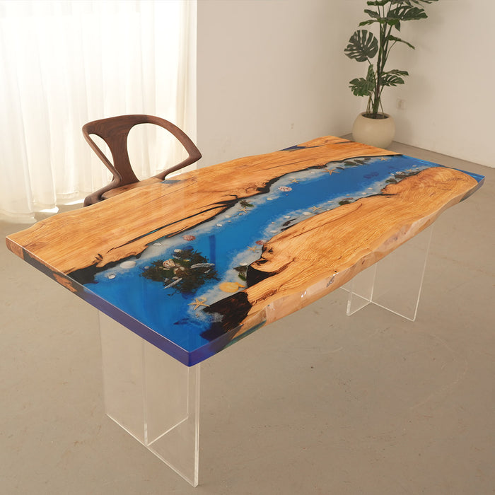 Handcrafted olive wood epoxy dining table with ocean wave blue resin and beach scene details