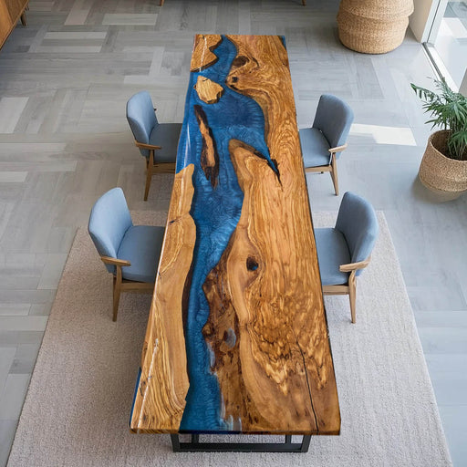 Olive wood epoxy resin bar table with blue river design